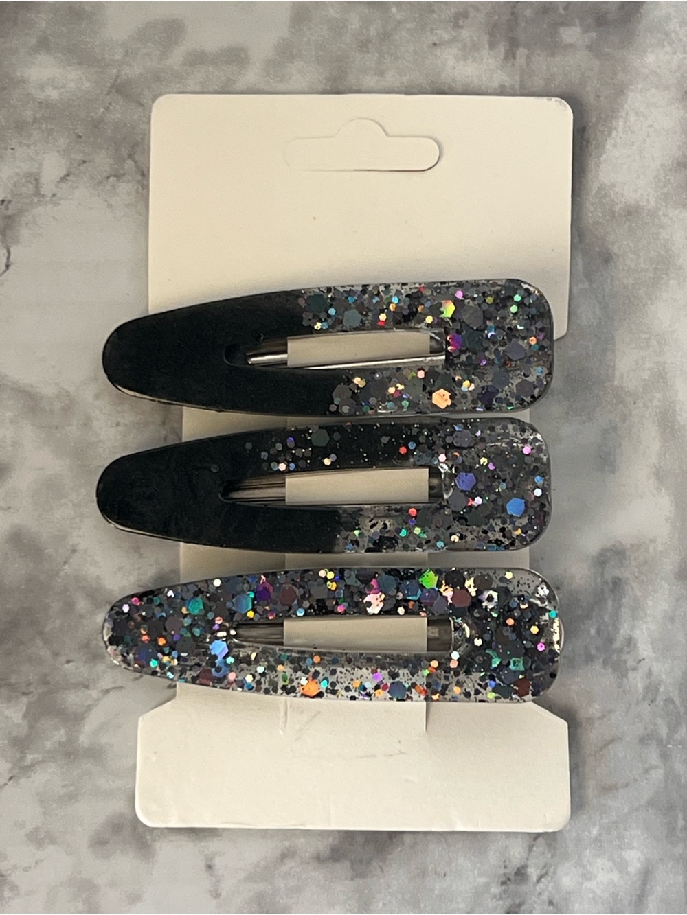 Black Glitter Snap Hair Clips - Set of 3